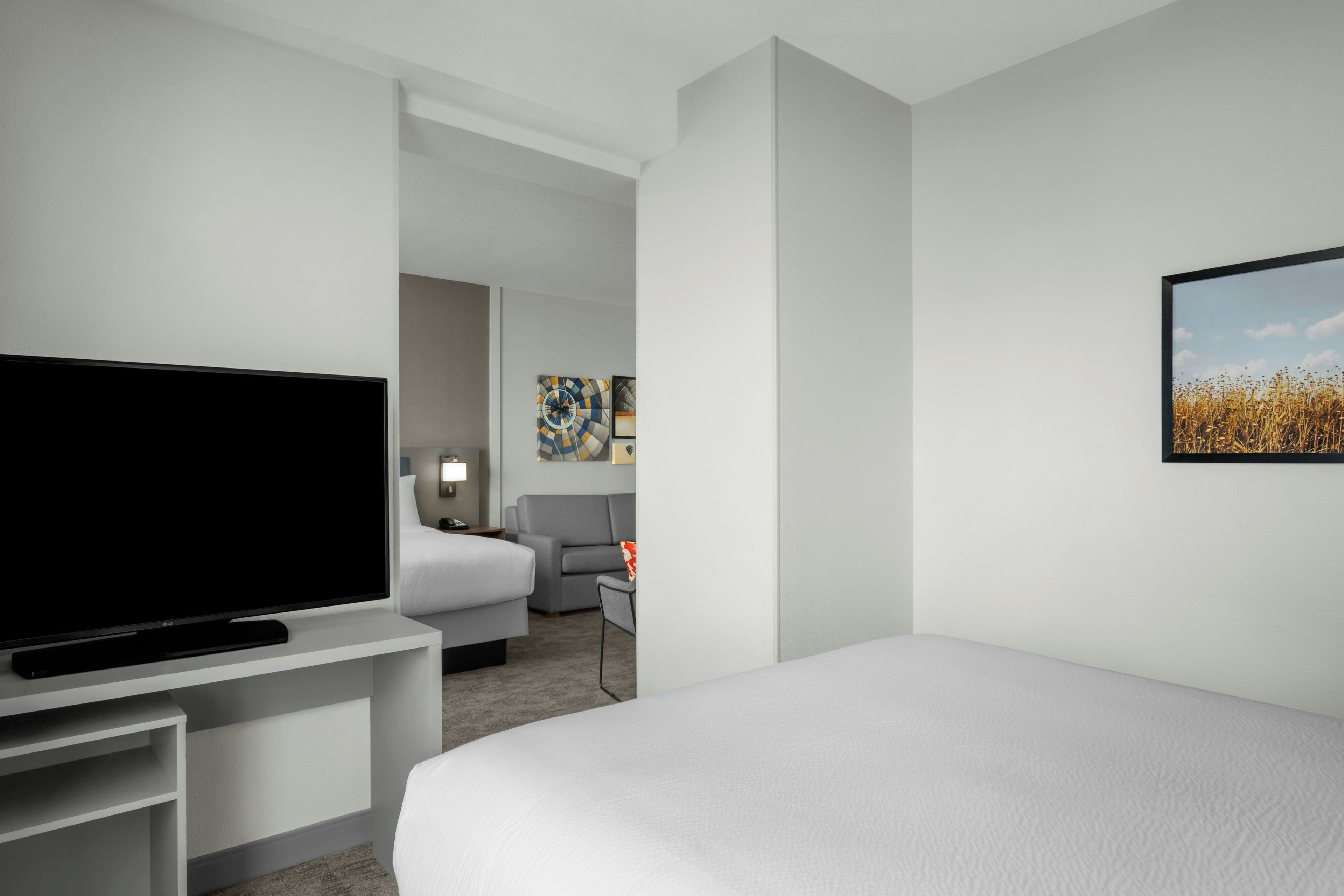 Habitación de hotel con un televisor de pantalla plana grande, una cama, un sofá gris y un cuadro en la pared.