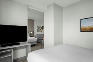 Habitación de hotel con un televisor de pantalla plana grande, una cama, un sofá gris y un cuadro en la pared.