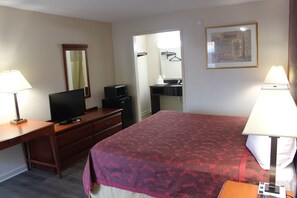 Desk, laptop workspace, blackout curtains, free WiFi