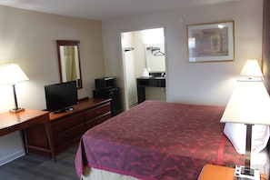 Desk, laptop workspace, blackout curtains, free WiFi