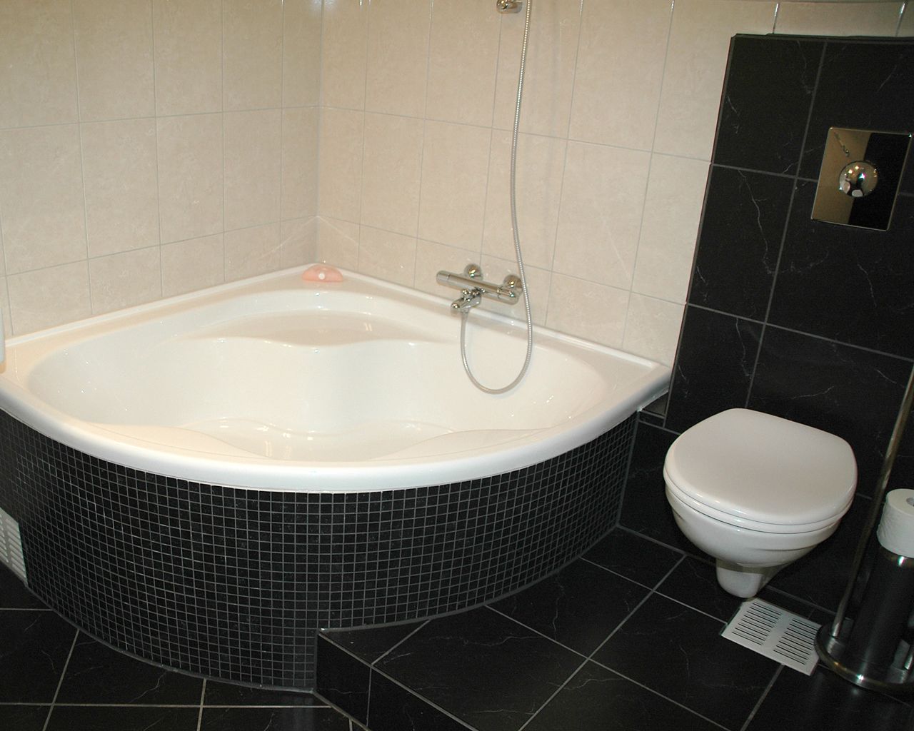 deep-soaking bathtub, free toiletries, hair dryer, towels