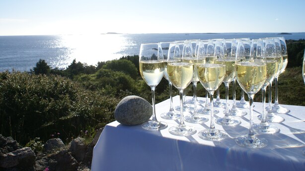 Une table avec plusieurs verres à vin et une pierre, le tout placé sur un fond offrant une vue pittoresque sur la mer et la végétation.