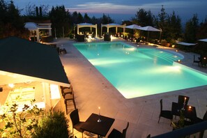 Seasonal outdoor pool, pool umbrellas, pool loungers