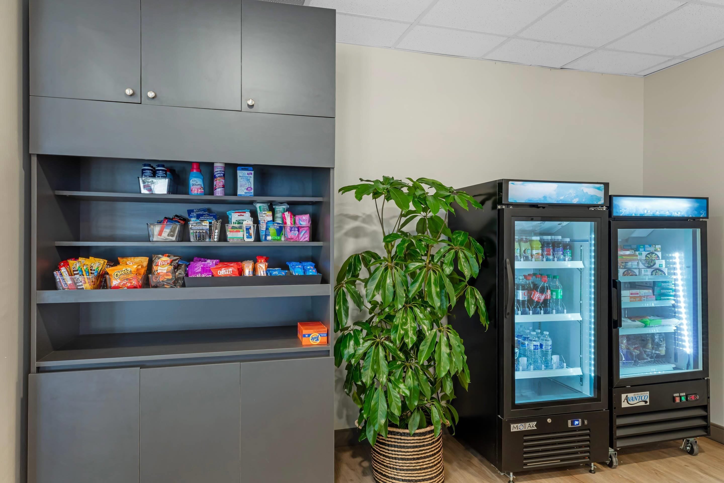Uma kitchenette com um armário cinzento que contém snacks e bebidas, uma planta em vaso e duas geladoras pretas com iluminação interna.