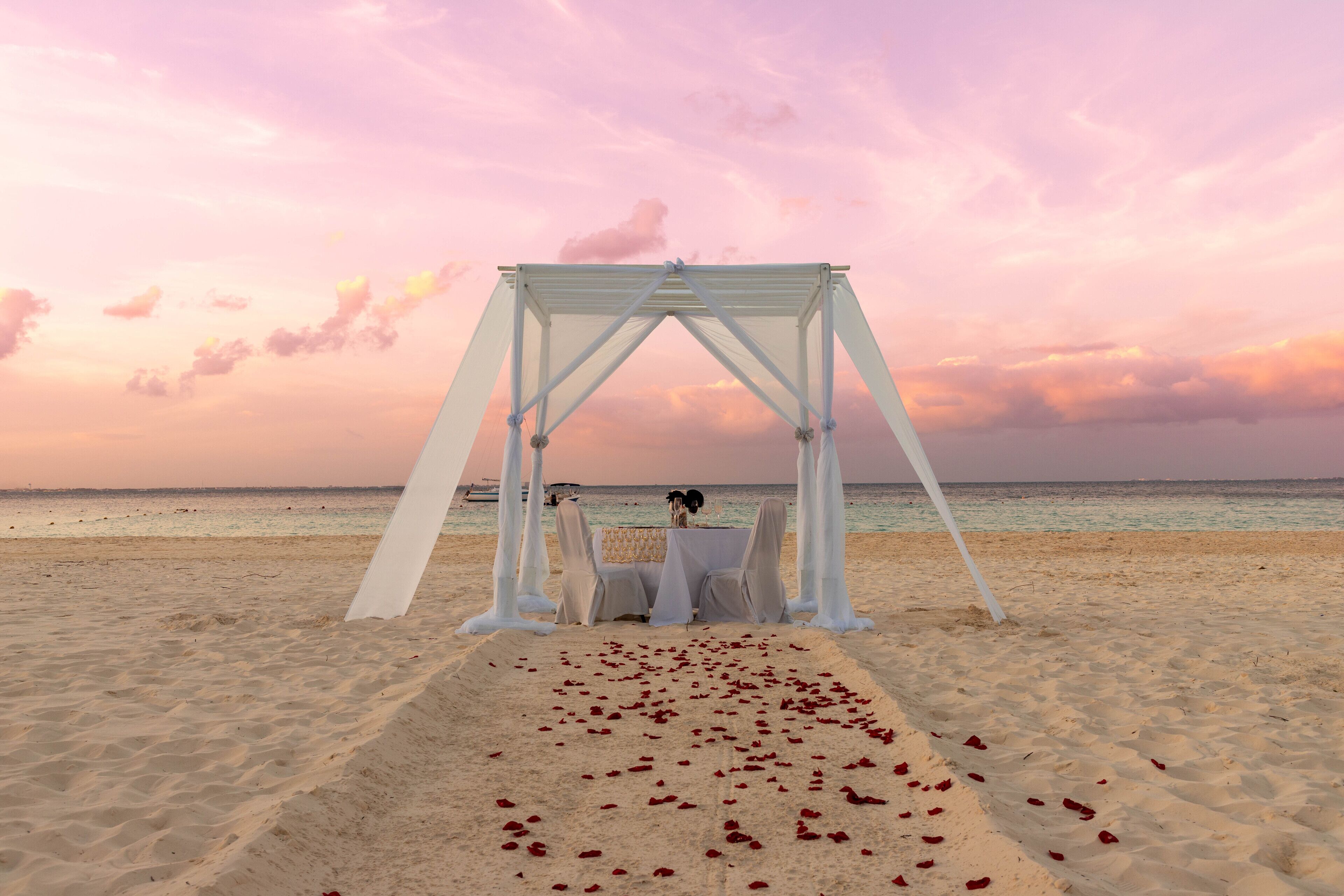 A beach wedding setup with a canopy and table, surrounded by sand and rose petals.