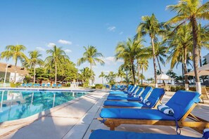 A poolside area with blue lounge chairs and palm trees.