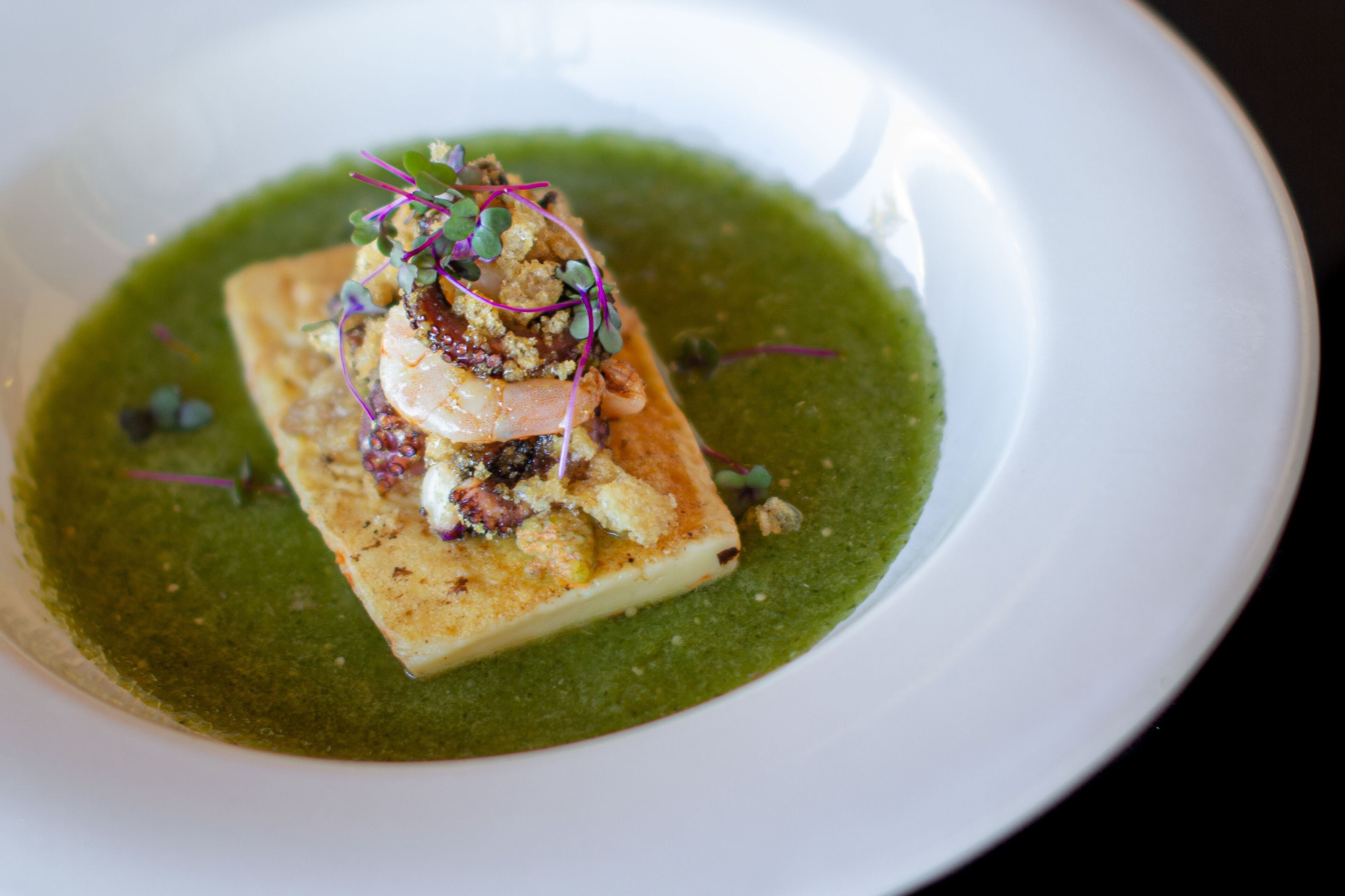 A white plate with a rectangular piece of food topped with a sauce, garnishes, and a green sauce around it.