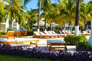 Outdoor pool, pool umbrellas, pool loungers