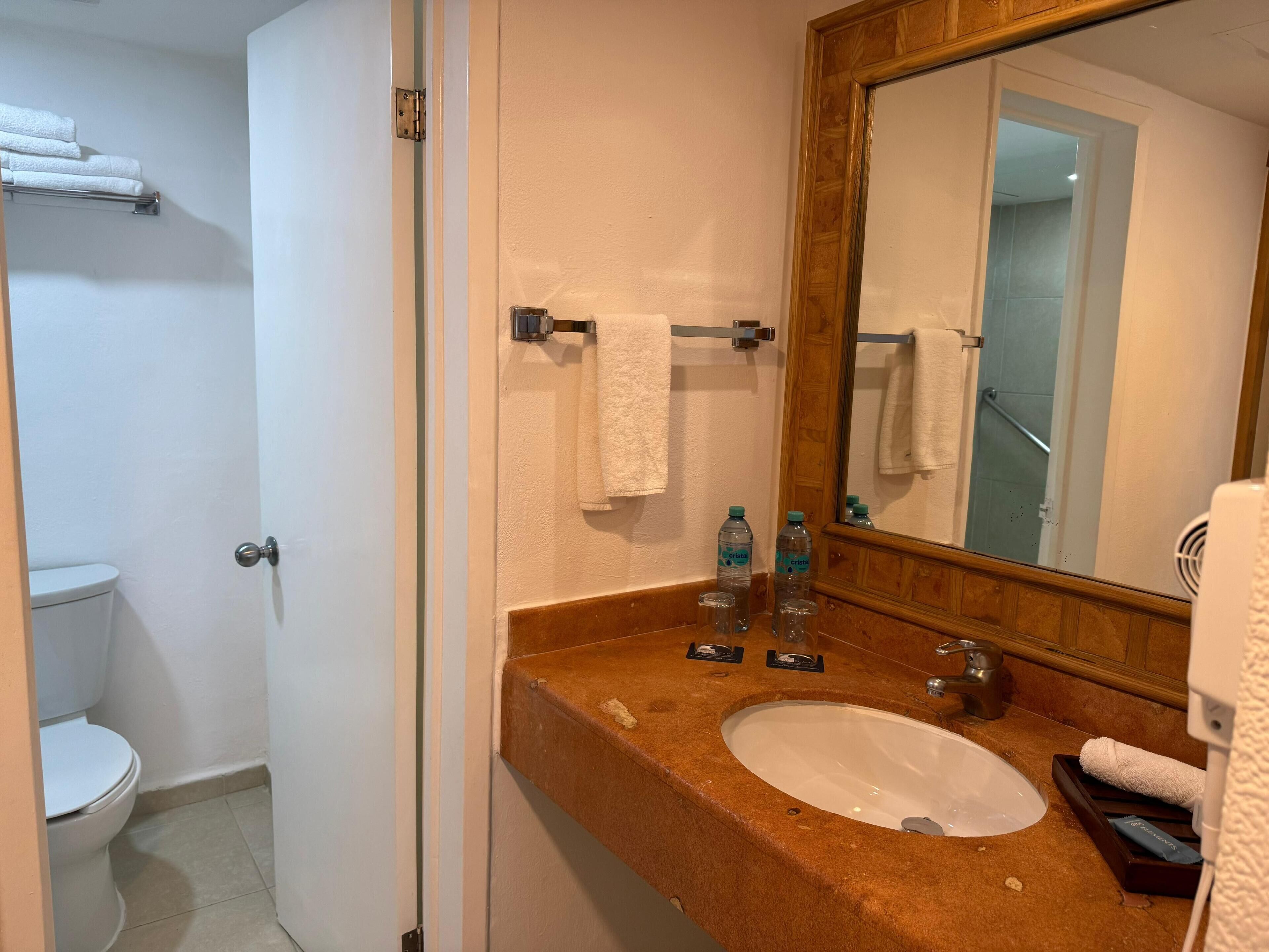 A bathroom with a white toilet, a sink with a brown countertop, and a mirror with a wooden frame.