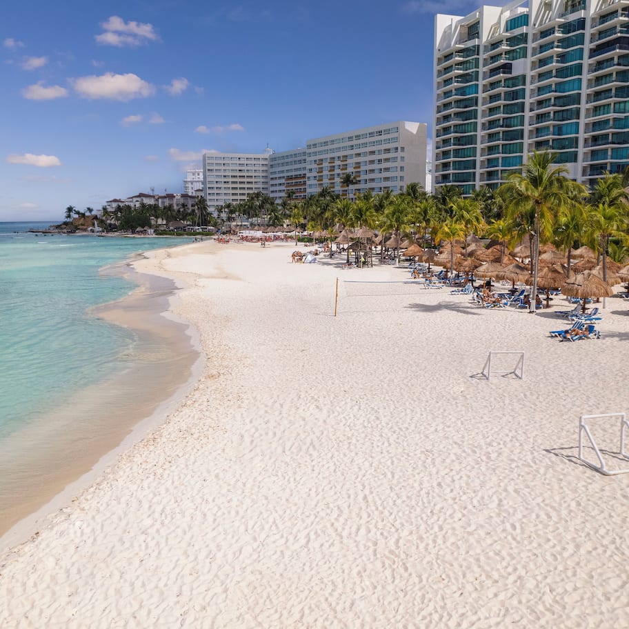 Private beach, white sand, sun loungers, beach umbrellas