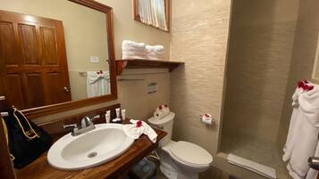 A bathroom with a wooden vanity, a sink, a mirror, a toilet, and a shower area.