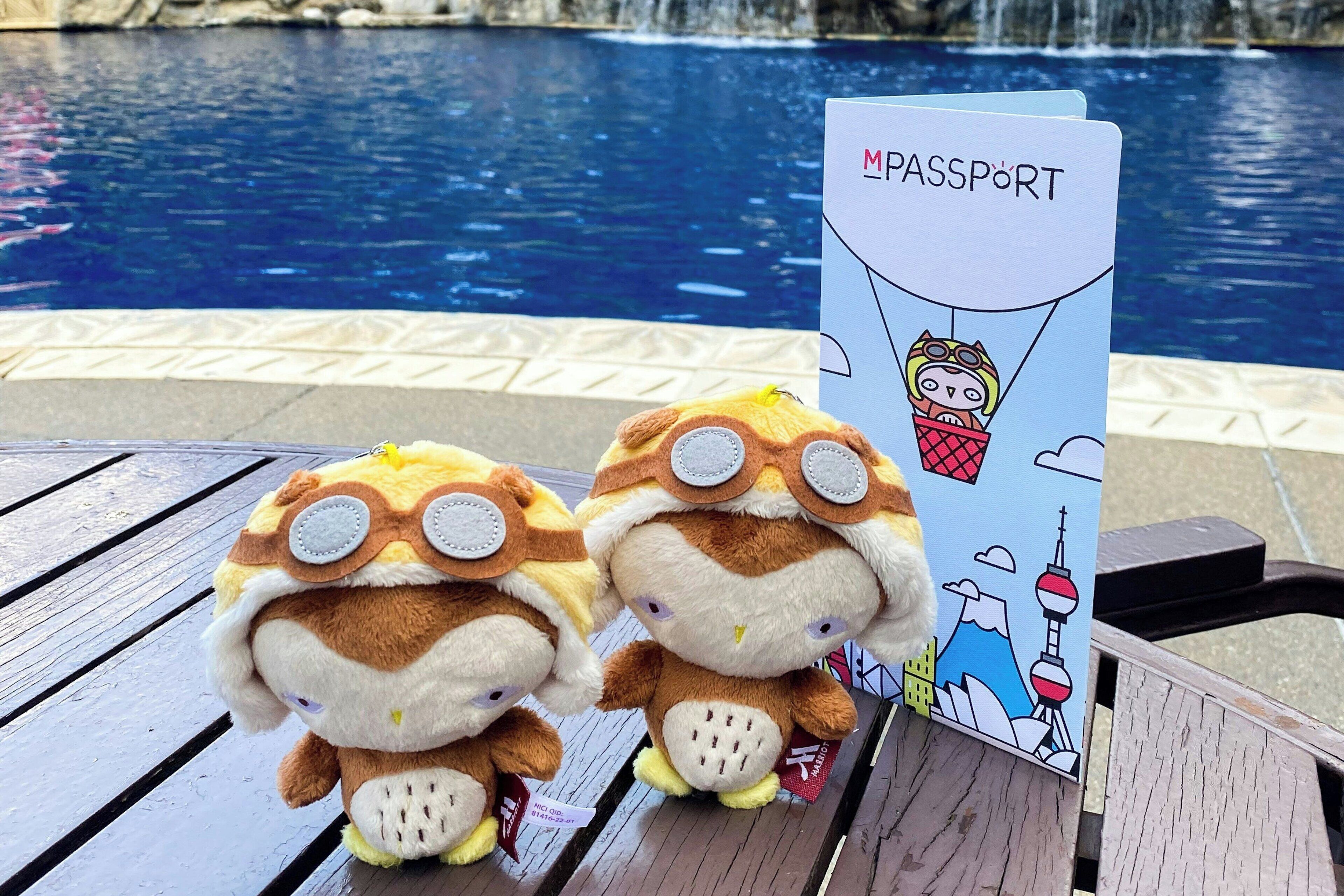 Juguetes de peluche sobre un banco de madera cerca de una piscina con un letrero que dice 'MPASSPORT'.
