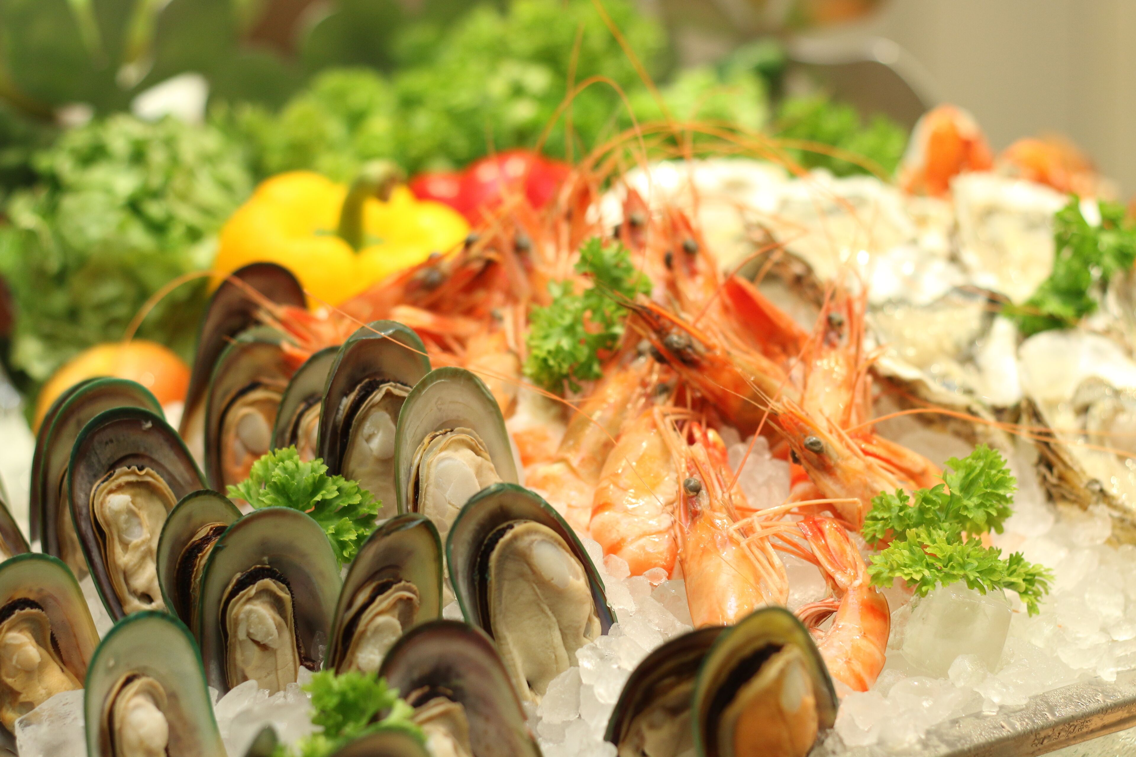 A variety of seafood including shrimp, mussels, and oysters on ice.