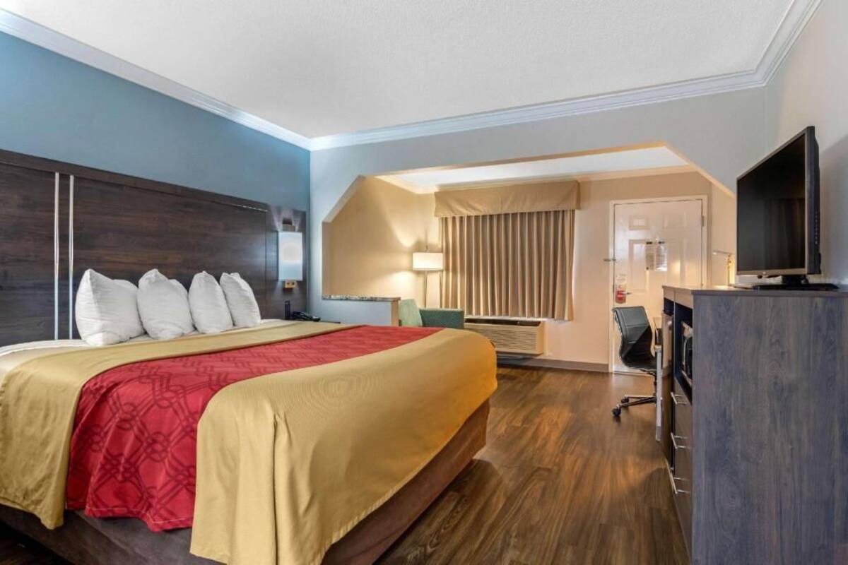 Habitación de hotel con una cama grande, un escritorio, un televisor y un baño.