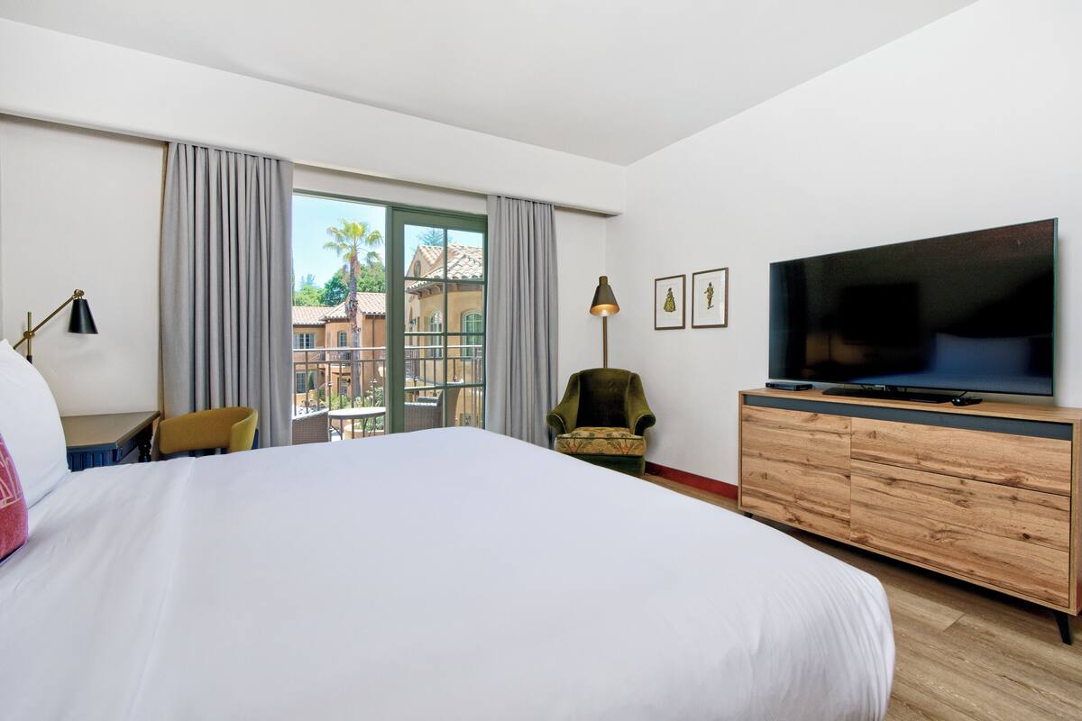 A hotel room with a large bed, a TV on a wooden cabinet, a chair, and a balcony with a view of palm trees.