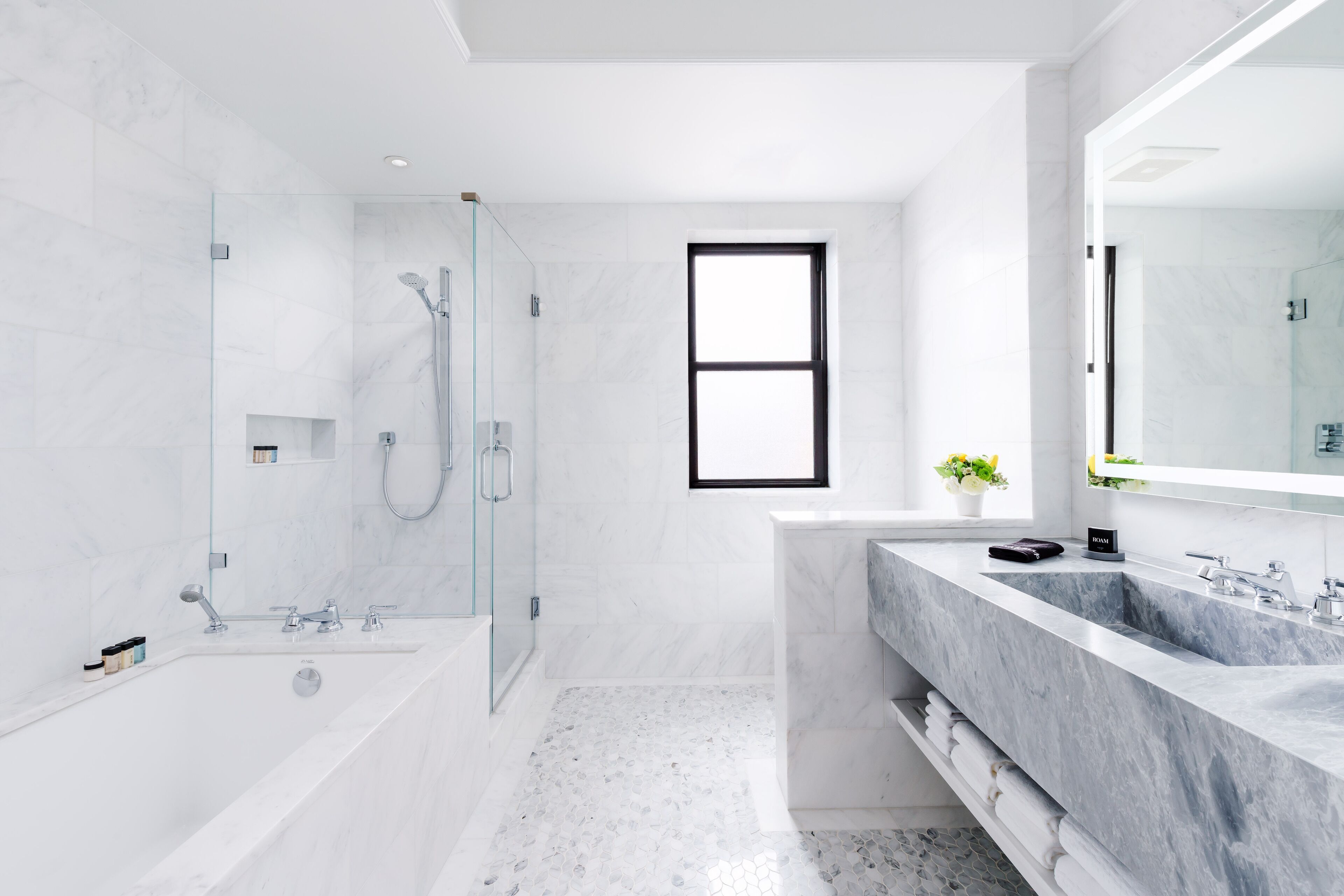 combined shower/bathtub, free toiletries, hair dryer, bathrobes