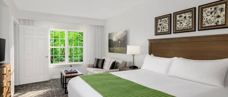 Habitación de hotel con una cama grande, un escritorio, una silla, un televisor y una ventana con vistas a zonas verdes.