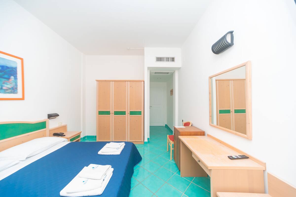 A hotel room with a bed, a desk, a chair, a wardrobe, and a mirror.