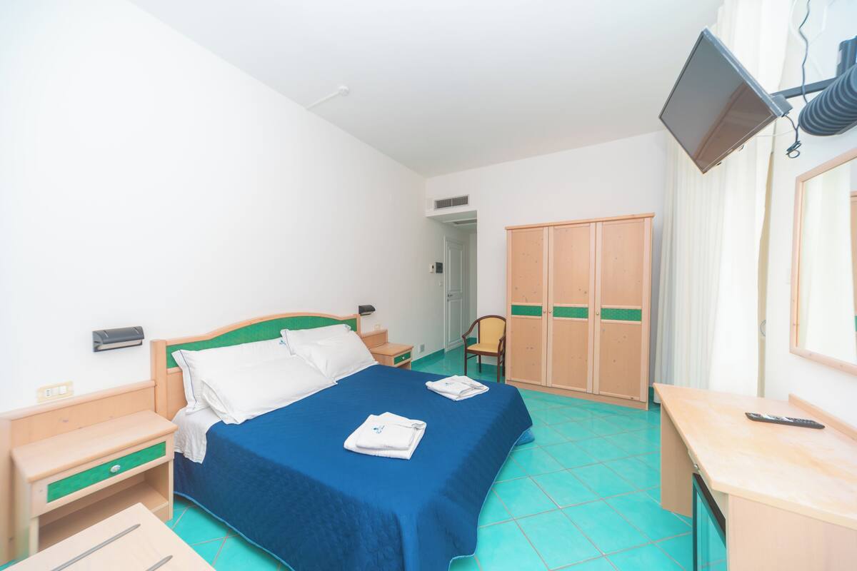 A hotel room with a bed, a desk, a chair, a wardrobe, and a television.