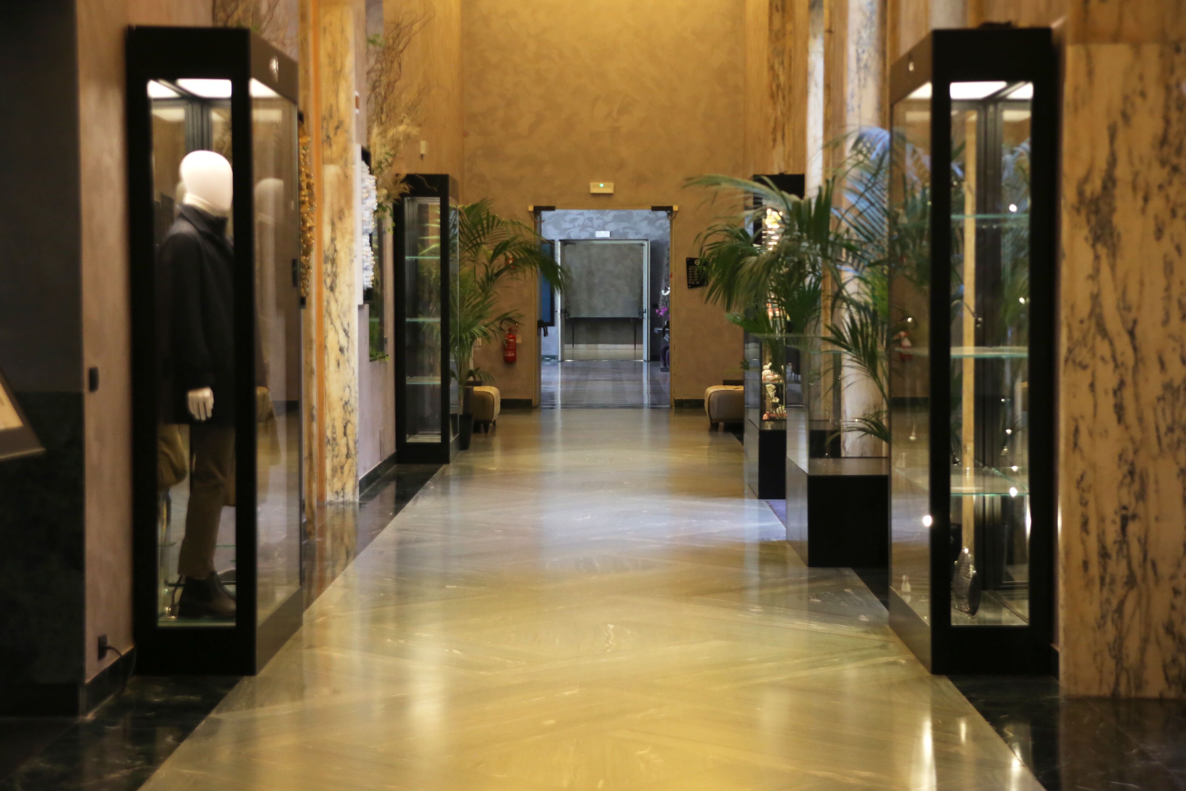 A hallway with marble flooring, glass doors, and potted plants.