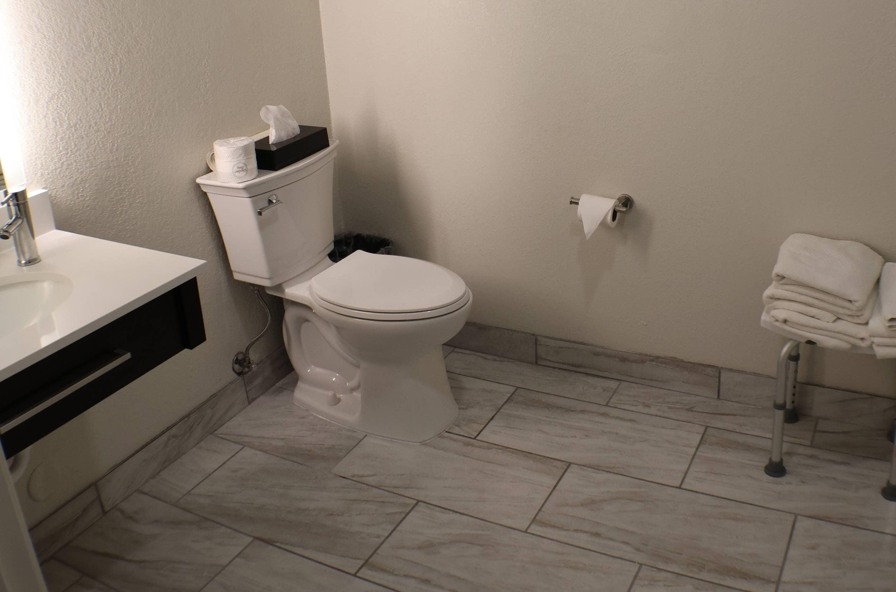 A bathroom with a toilet, sink, and a towel rack.
