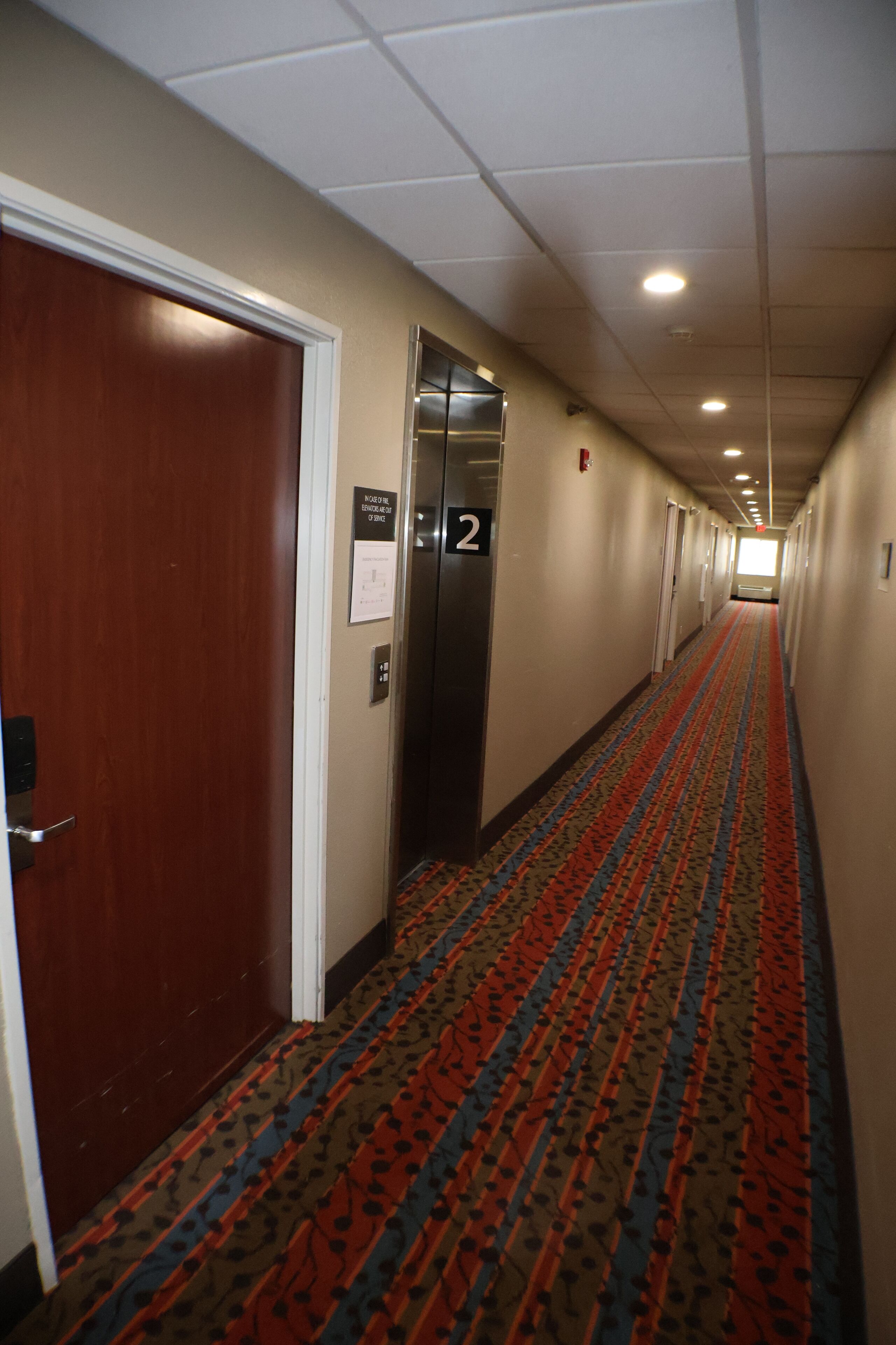 A hotel hallway with a patterned carpet, a wooden door, and an elevator.