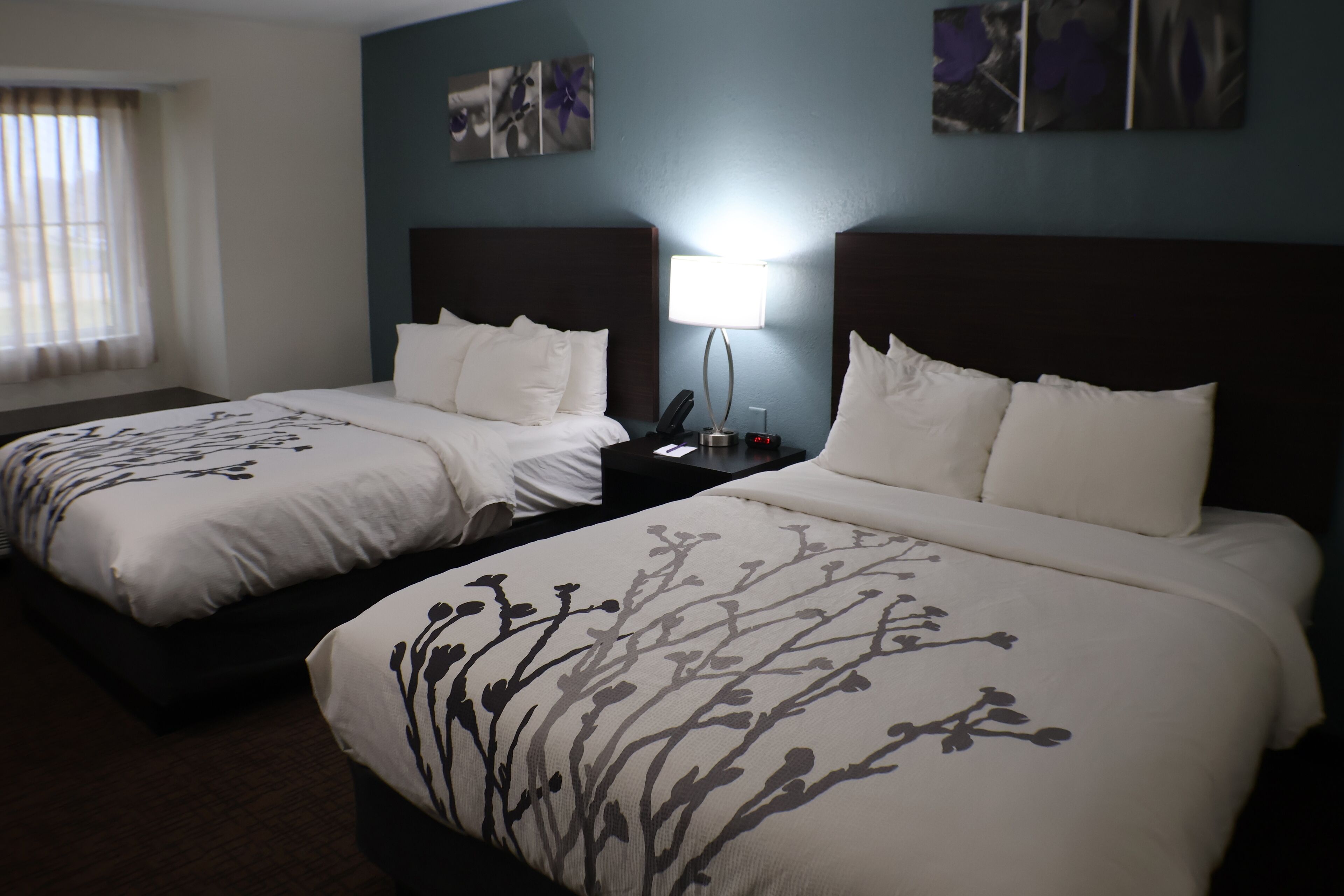 A hotel room with two beds, a nightstand, a lamp, and artwork on the walls.