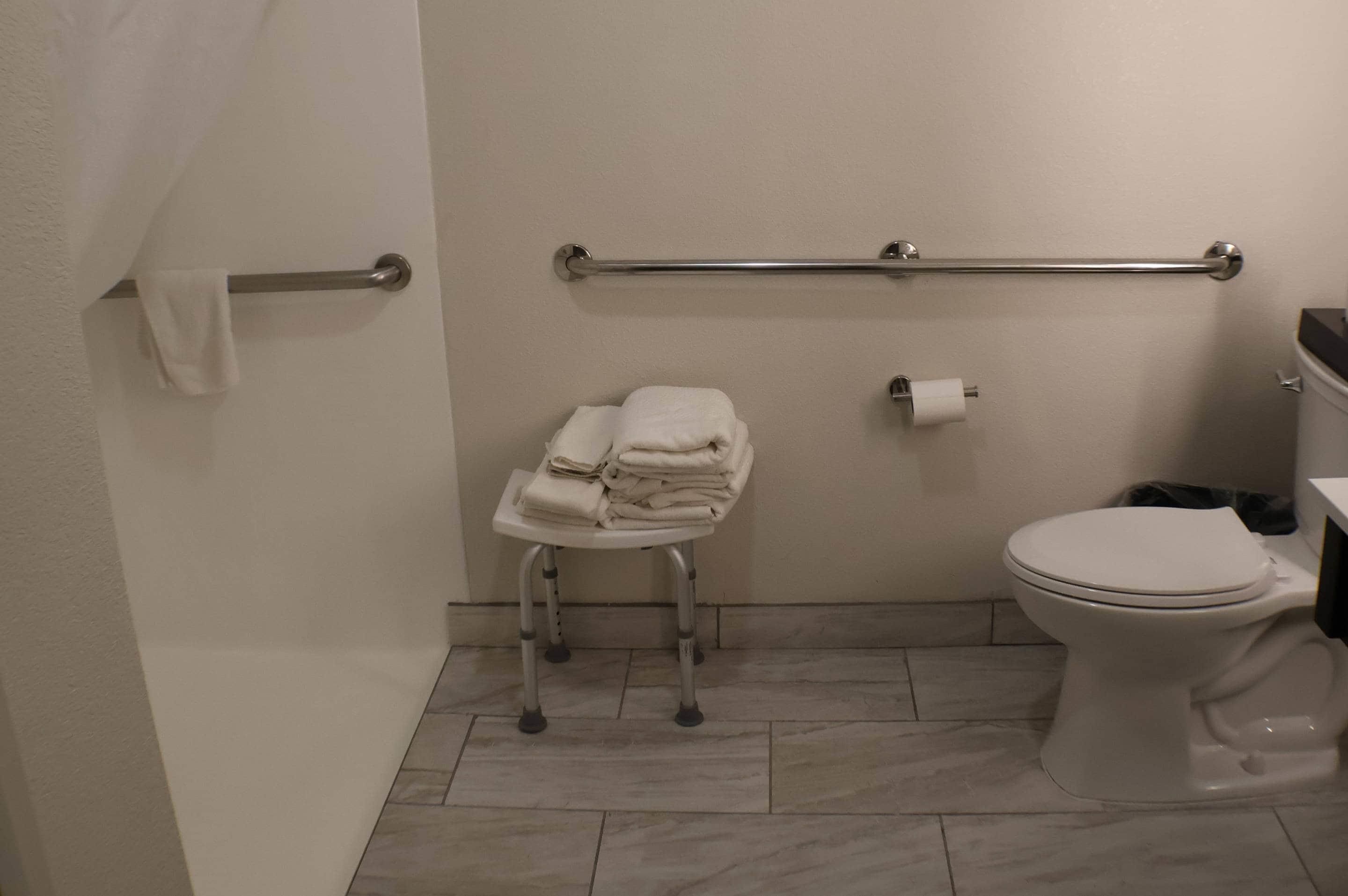 A bathroom with a toilet, a handrail, a towel rack, and a small stool.