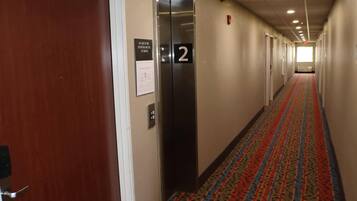 Pasillo de hotel con un ascensor indicado con el número '2', piso alfombrado y puertas a ambos lados.