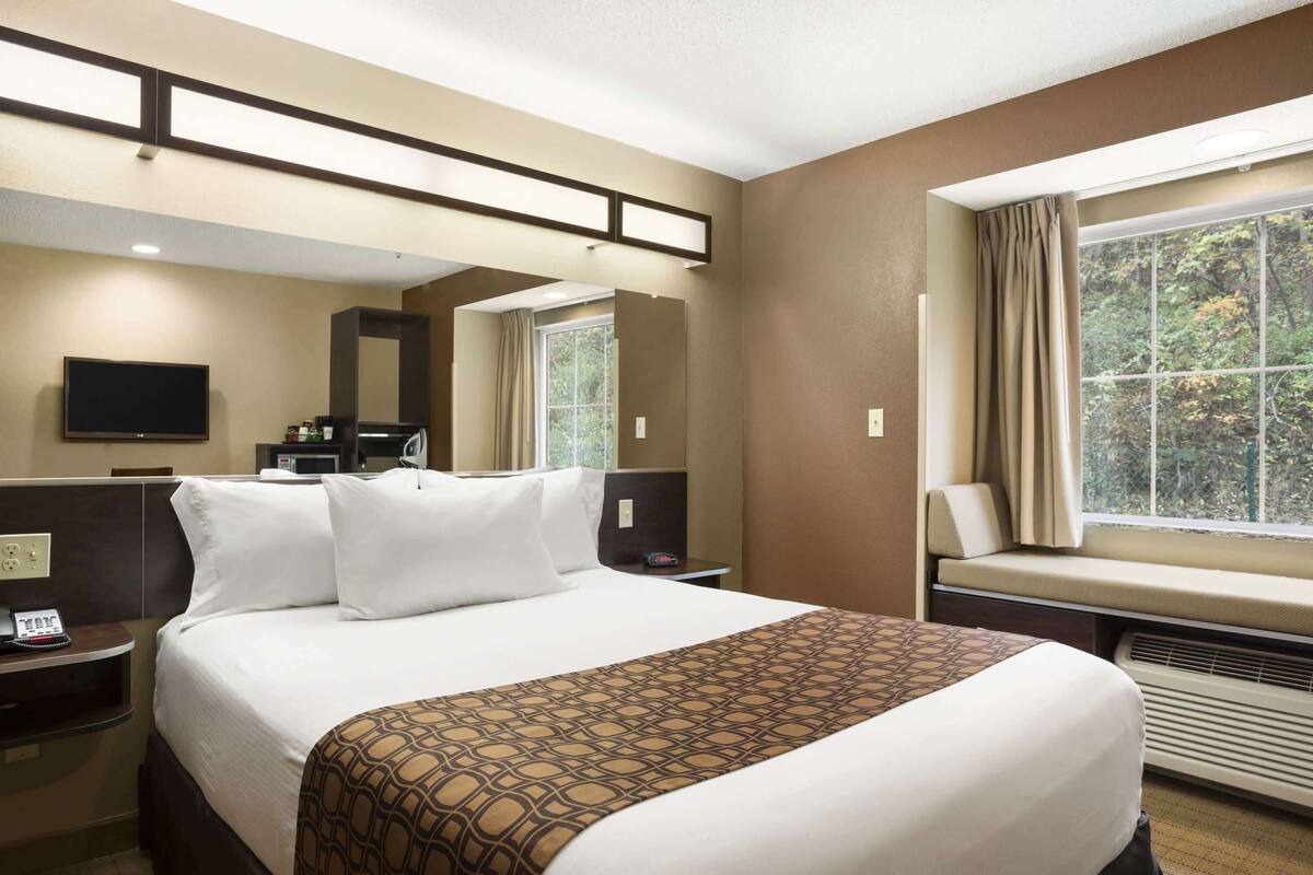 A hotel room with a large bed, a TV, a desk with a phone, a window with curtains, and a view of trees.