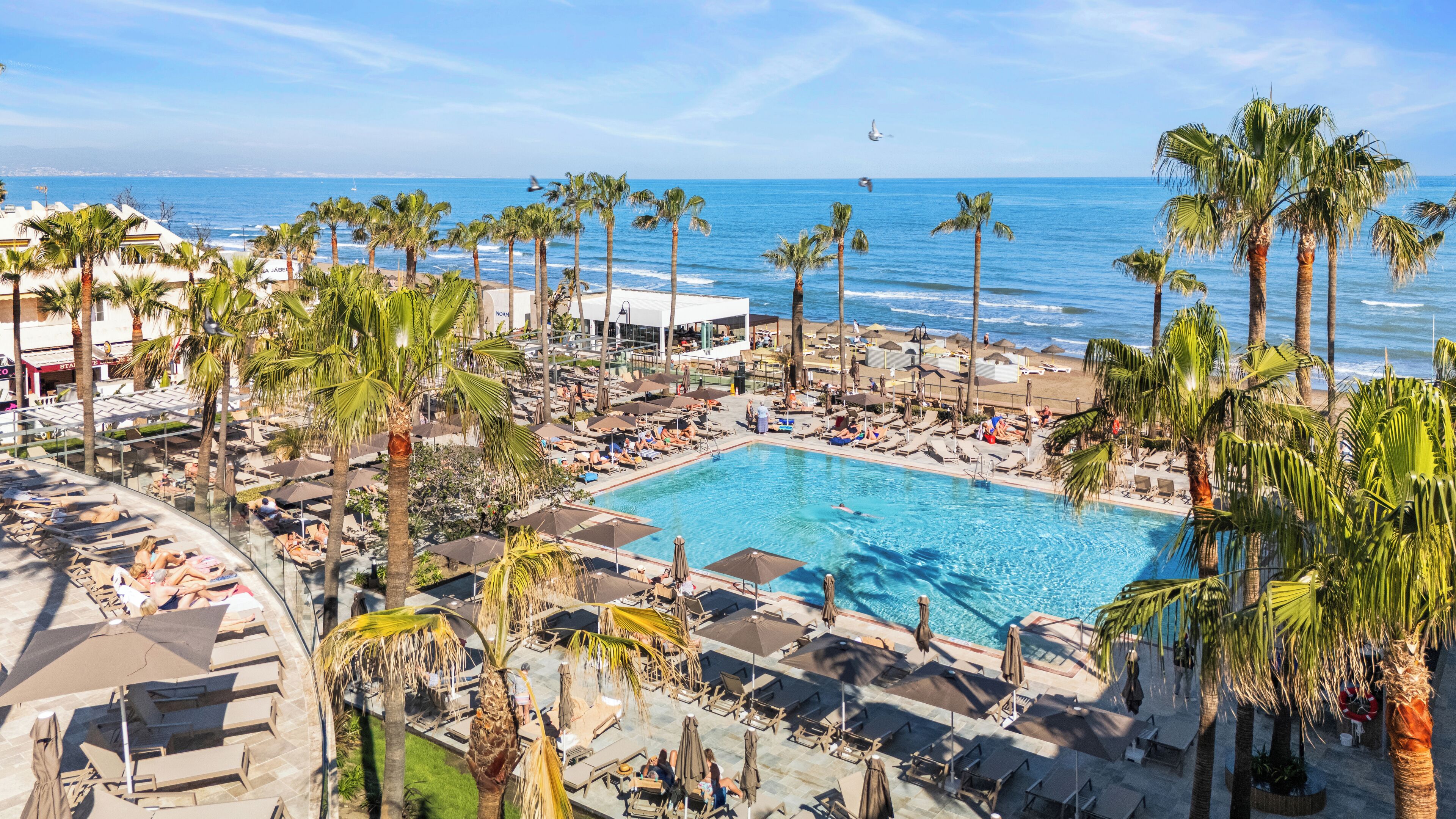 Alberca techada, alberca al aire libre y sombrillas en la alberca