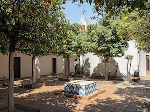 Une cour extérieure agrémentée d’arbres fruitiers, dotée d’un sol carrelé et d’un espace de détente central.