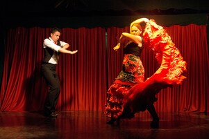 A stage with a red curtain backdrop.
