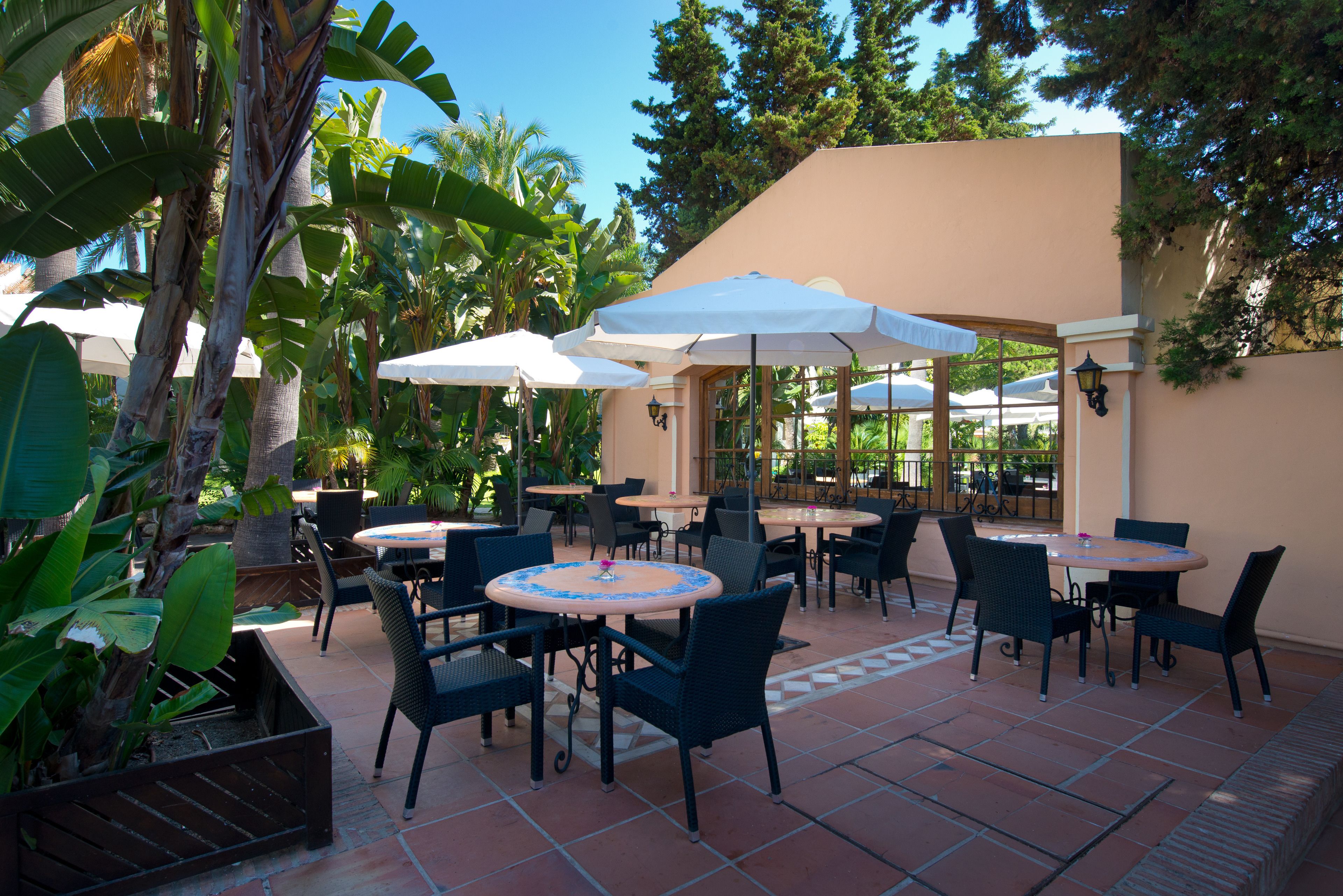 An outdoor patio with round tables and chairs, surrounded by large umbrellas and tropical plants.