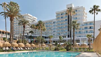 Outdoor pool, pool umbrellas, pool loungers