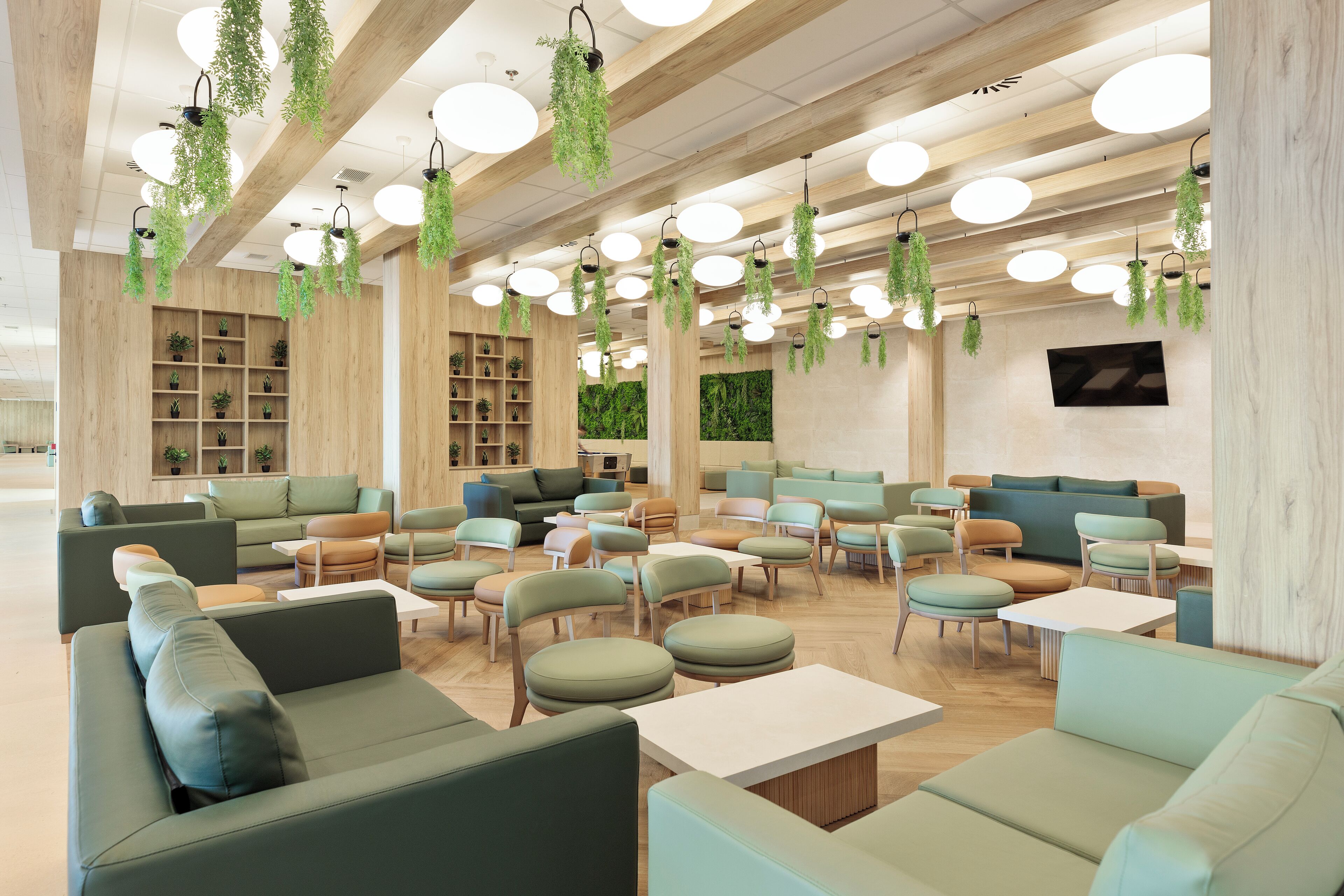 A modern lounge area with green sofas, wooden shelves, hanging plants, and a flat-screen TV.
