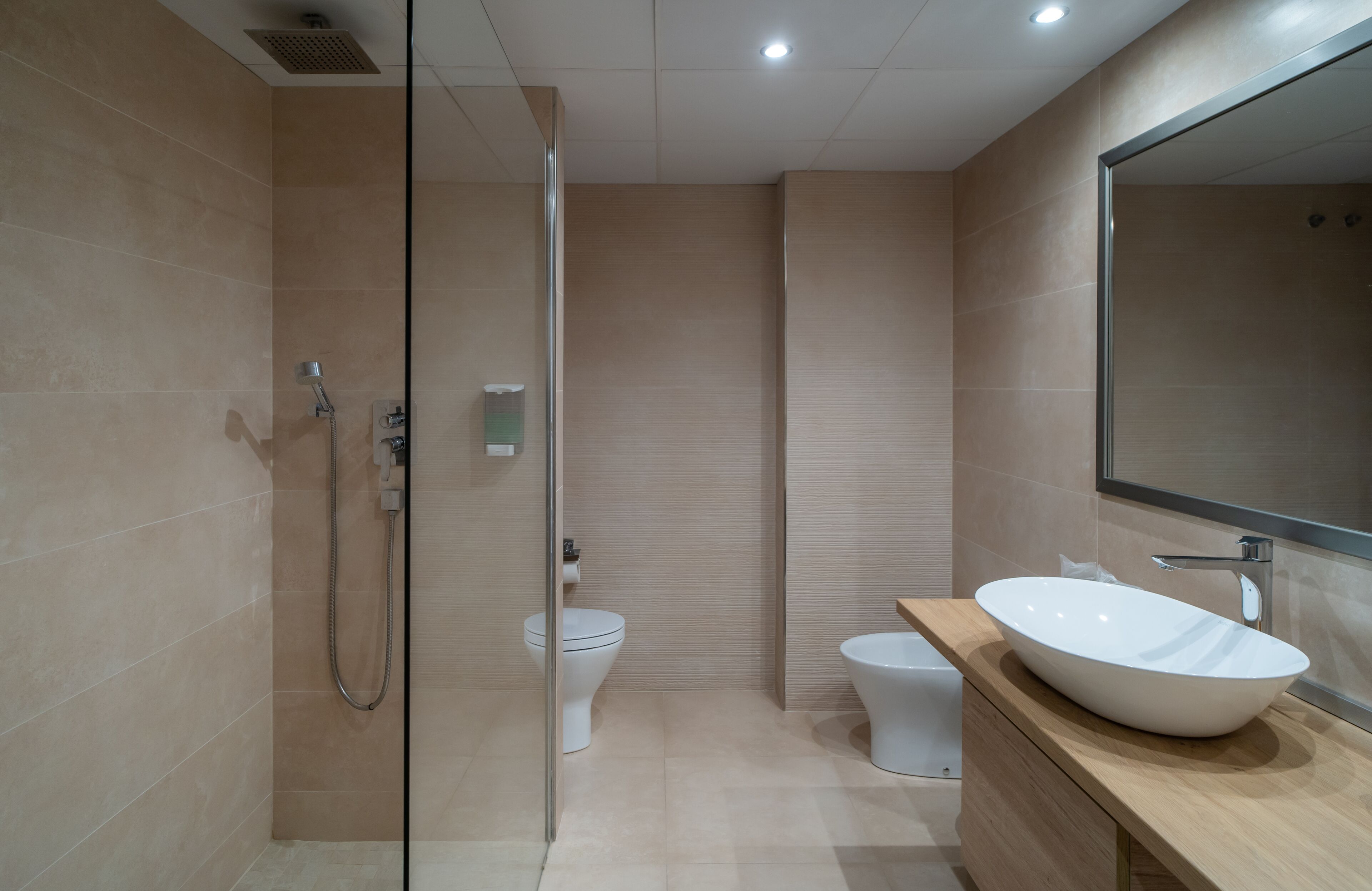 A modern bathroom with a glass shower enclosure, a toilet, and a sink with a large mirror.