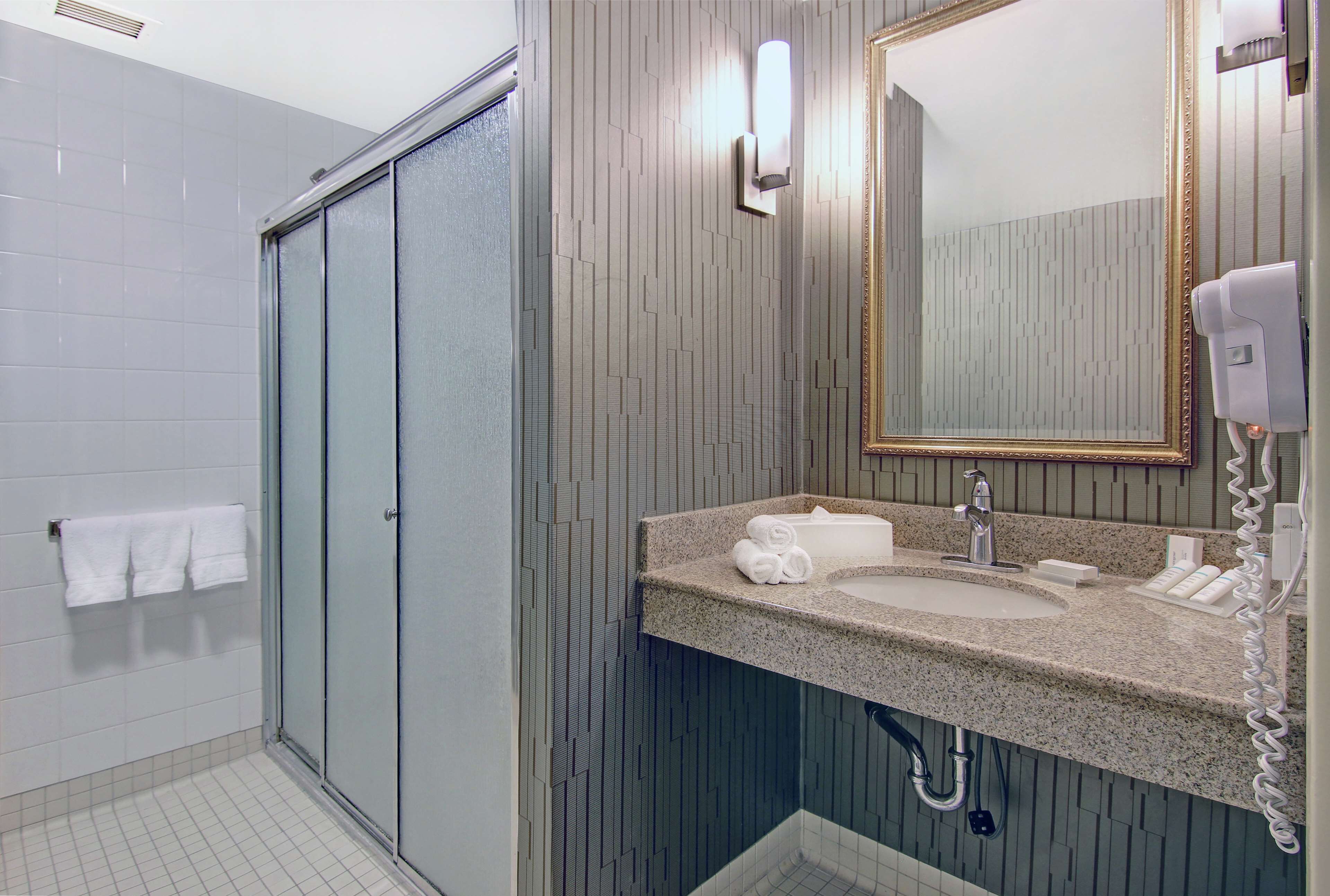 combined shower/bathtub, free toiletries, hair dryer, towels