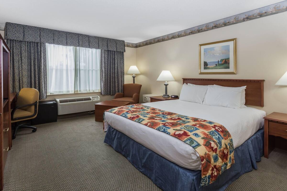 Habitación de hotel con una cama grande, un escritorio, una silla, un calentador y una ventana con cortinas.