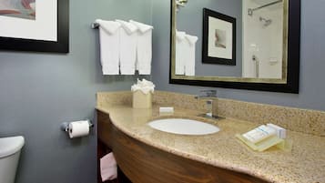 Une salle de bain avec un lavabo en granit, un miroir et des toilettes.