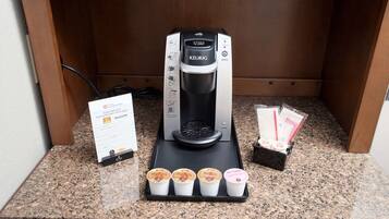 Coffee/tea maker, fridge, microwave