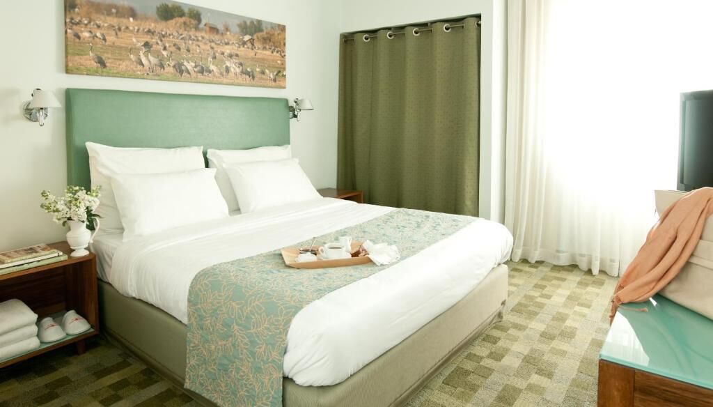 Una cama bien tendida con sábanas blancas, cabecera verde y colcha con motivos florales. Hay una mesita de noche con una lámpara y un florero. Se ve una ventana con cortinas verdes, y un televisor está montado en la pared.
