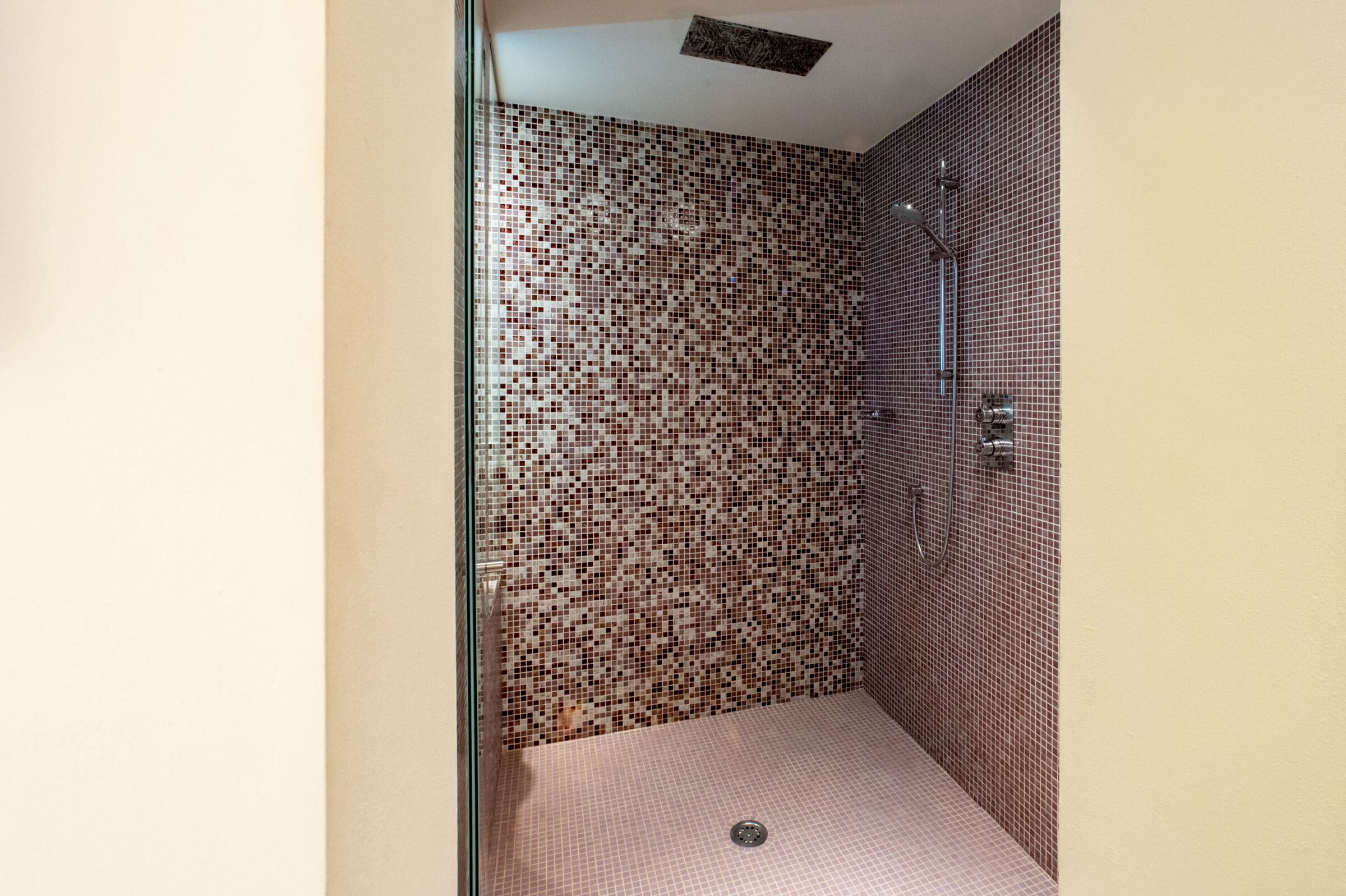 A shower with mosaic tile walls and a glass door.