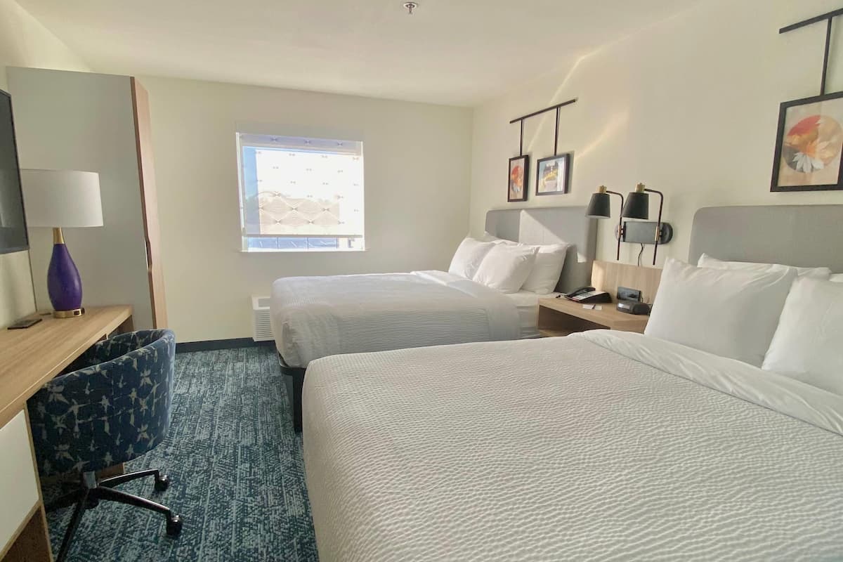 Standard Room, 2 Queen Beds, Non Smoking | In-room safe, desk, soundproofing, iron/ironing board
