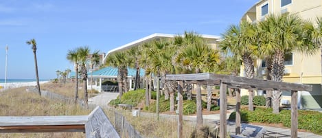 Un hotel costero con un paseo techado, palmeras y vistas a la playa.