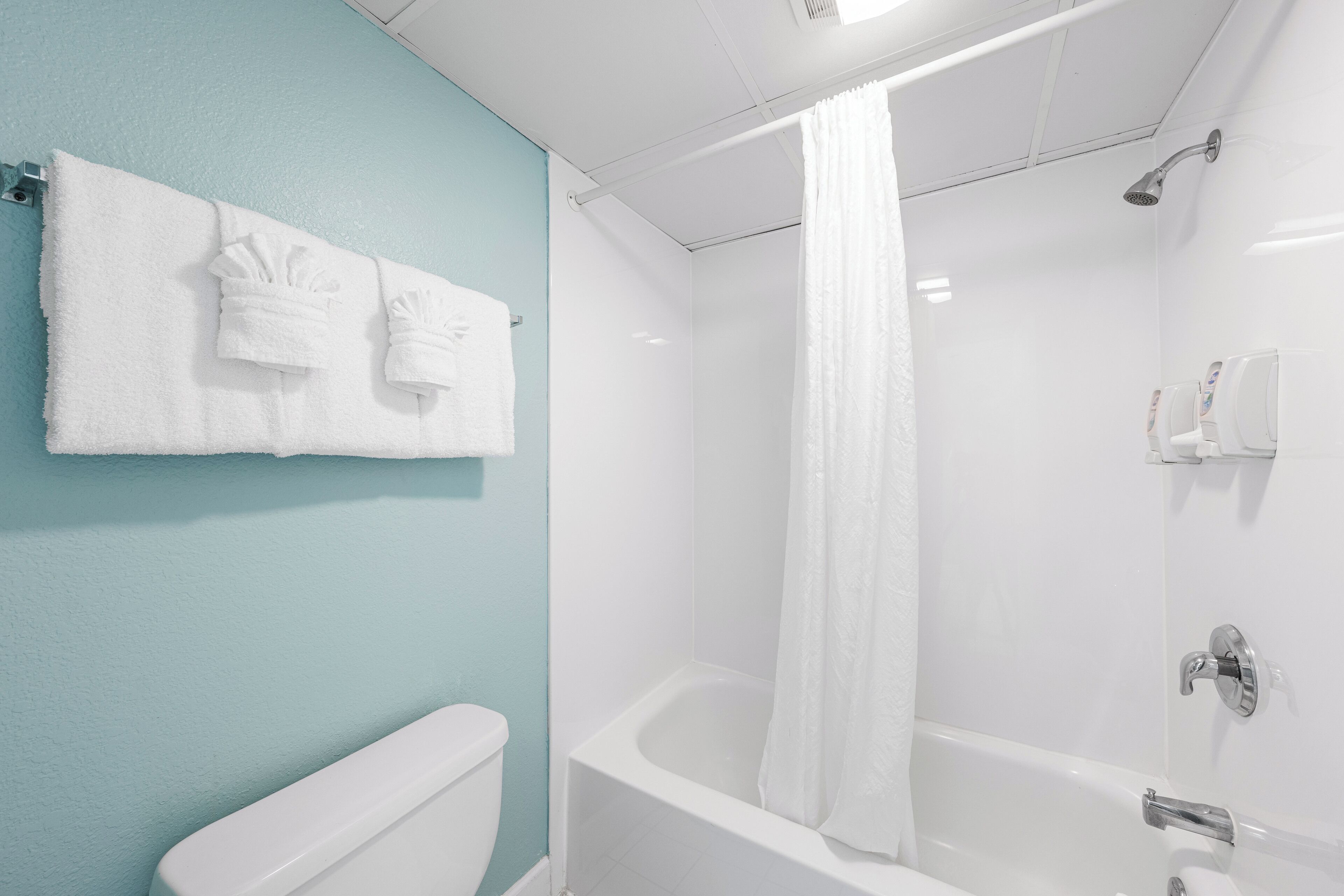 A bathroom with a bathtub, a toilet, and a shower curtain.