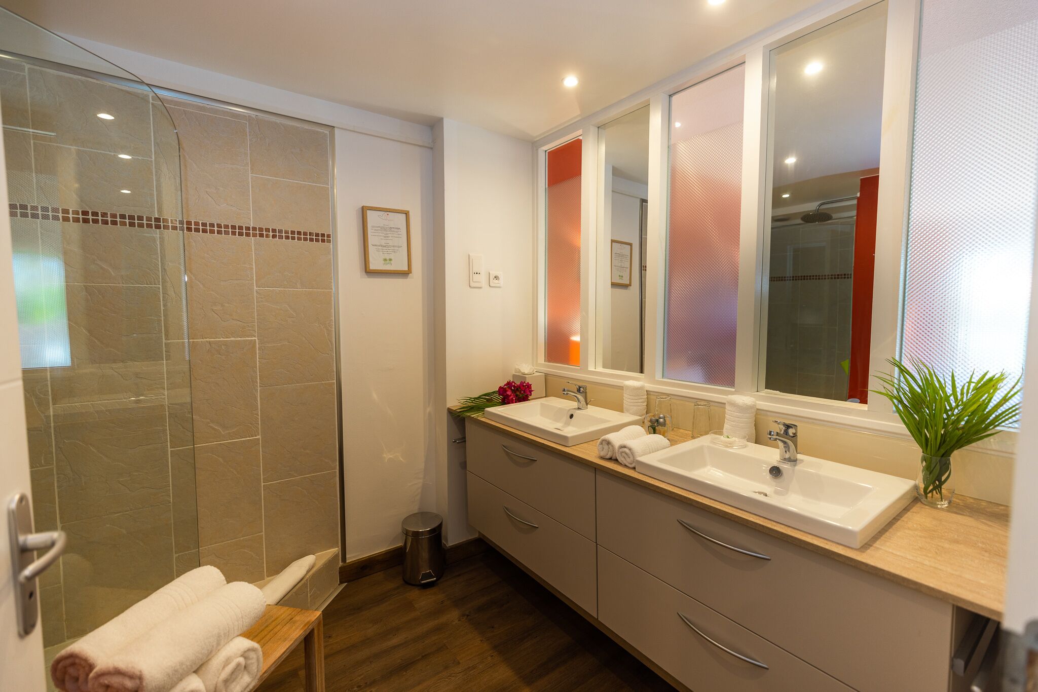 shower, free toiletries, hair dryer, towels