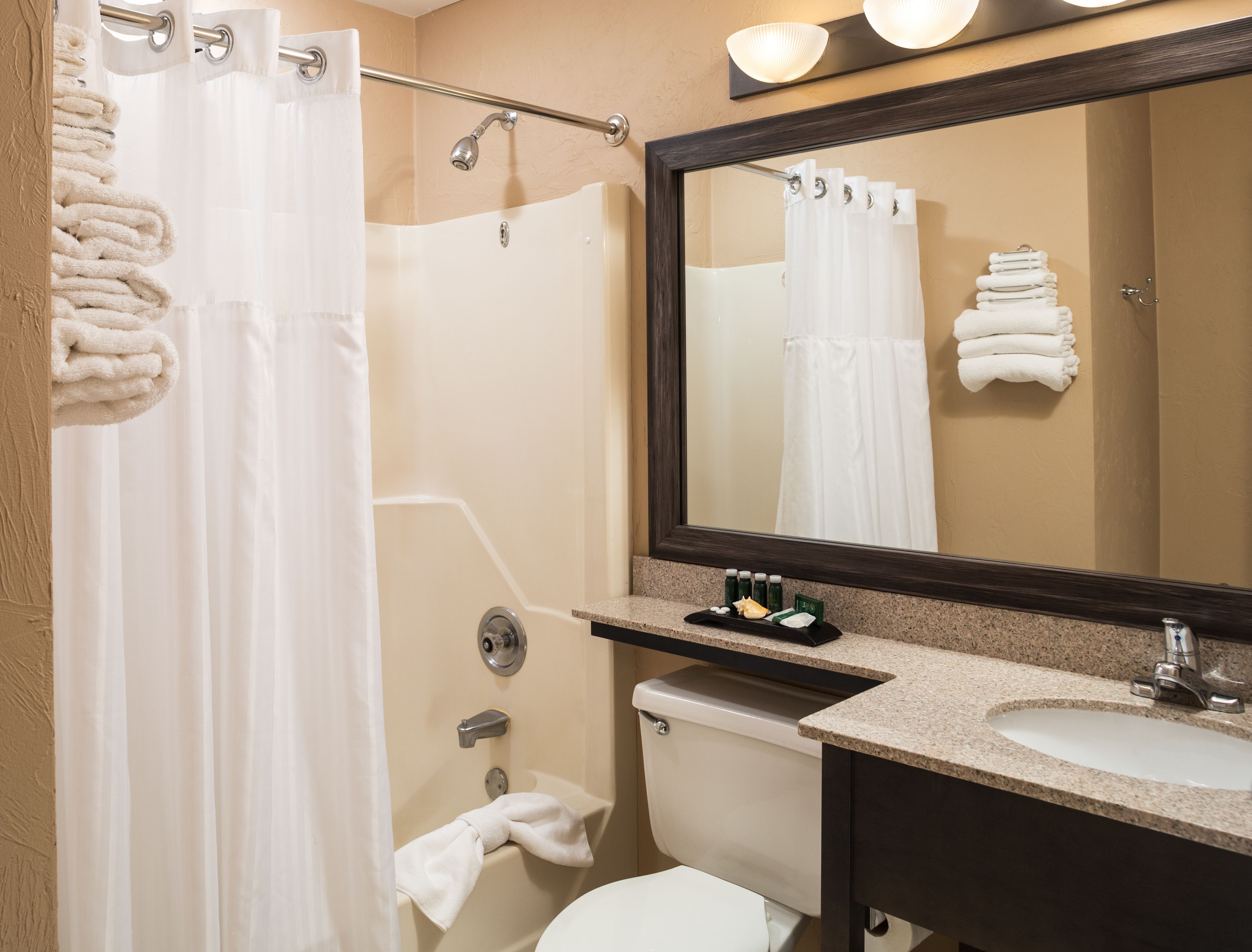 A bathroom with a shower, toilet, sink, and a mirror.