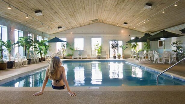 Una piscina interior con techo de madera, plantas en macetas y sillones de descanso.
