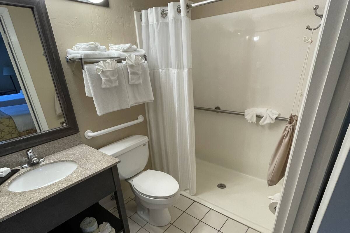 Een badkamer met een wastafel, toilet en douche.